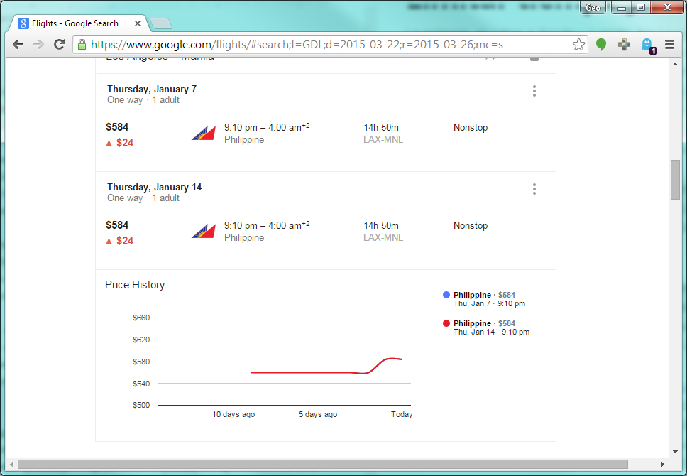 Google Flights mostrando incremento en precios